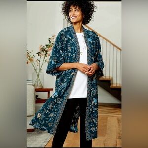J. Jill Artful Vines Longline Floral Kimono Duster Coverup with Teal Background